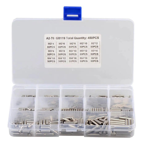 Solid Cylindrical Dowel Pins Set 450 Pieces M2 M3 M4 304 Stainless Steel DIN 6325 Locating Pins Kit in storage case
