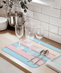 Pink Blue Wood Grain Drying Mats for Kitchen Counter and Sink with glasses and cutlery, 16x18 inches, machine washable