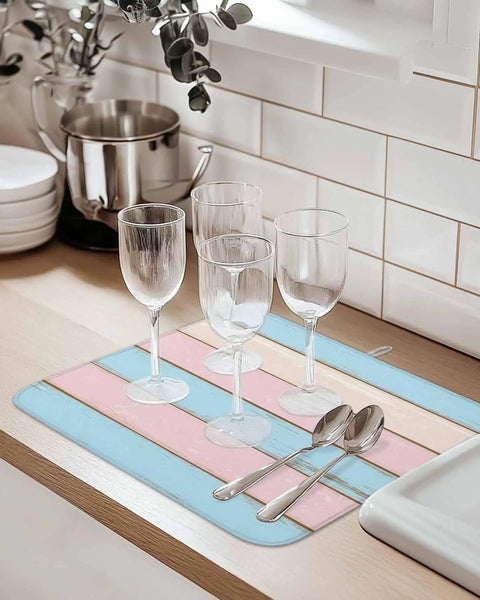 Pink Blue Wood Grain Drying Mats for Kitchen Counter and Sink with glasses and cutlery, 16x18 inches, machine washable