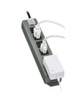 Beefy Heavy Duty 6 Outlet Power Strip With Rugged Metal Housing Mountable On Wall Or Under Desk Six Foot Cord With On Off Switch Cover in use