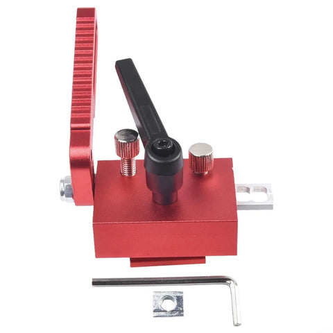 Top view of Beefed Up Adjustable Miter Track Stop for Table Saw and CNC Router Table Red Aluminum Alloy T Slot Fence Flip Stop Jig