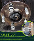 Close-up of wheel hub with 2 Pack Wheel Stud Bolt Kit With Lug Nuts M12x1.5 For Santa Fe Sonata Rio Sportage on vehicle.