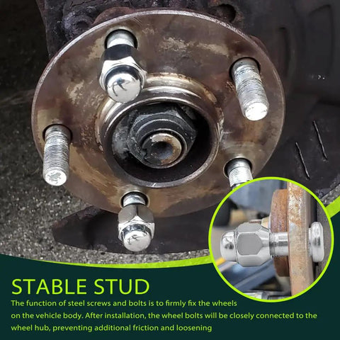 Close-up of wheel hub with 2 Pack Wheel Stud Bolt Kit With Lug Nuts M12x1.5 For Santa Fe Sonata Rio Sportage on vehicle.