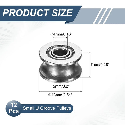 12 Pack Small U Groove Ball Bearing Pulleys 4X13X7MM Miniature V Wheel Rollers with size dimensions for rail track systems