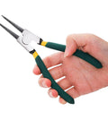 Hand holding one tool from 4 Piece Snap Ring Pliers Set, 7 Inch Beast Heavy Duty Internal External Circlip Pliers Kit with black handles