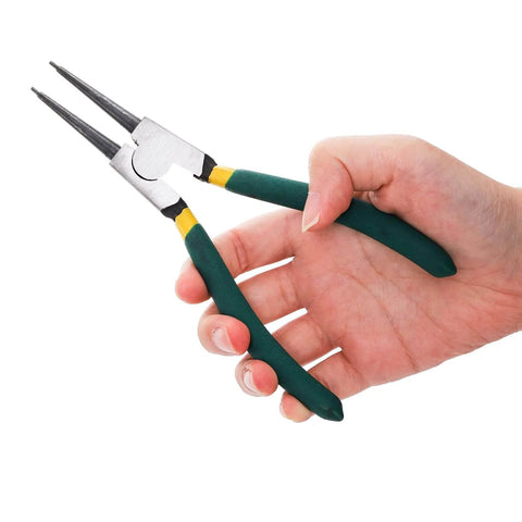 Hand holding one tool from 4 Piece Snap Ring Pliers Set, 7 Inch Beast Heavy Duty Internal External Circlip Pliers Kit with black handles