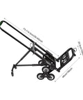 Heavy Duty Stair Climbing Cart For Easy Moving, Portable Hand Truck Dolly That Throws Back 330 Lbs, Built Tough With Front Wheels, Six Rear Wheels And Spare Tires, Your Go-To Stair Hauler For Bulky Loads. Folded black stair climbing cart with 29.45-inch handle and 18-inch base