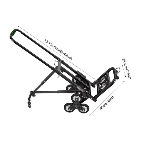 Heavy Duty Stair Climbing Cart For Easy Moving, Portable Hand Truck Dolly That Throws Back 330 Lbs, Built Tough With Front Wheels, Six Rear Wheels And Spare Tires, Your Go-To Stair Hauler For Bulky Loads. Folded black stair climbing cart with 29.45-inch handle and 18-inch base