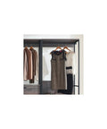 Customizable Wood Walk In Closet Organizer System Featuring Reinforced Hanging Bars And Versatile Shelves to display hanging dresses and suits.
