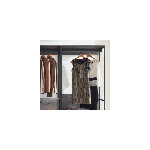Customizable Wood Walk In Closet Organizer System Featuring Reinforced Hanging Bars And Versatile Shelves to display hanging dresses and suits.