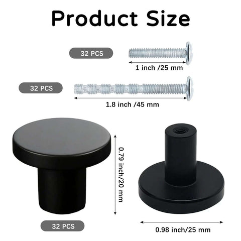 32 Piece Black Cabinet Knob Set Round 1 Inch Drawer Pulls For Kitchen Cabinets And Vanity Doors Durable Zinc Alloy Hardware