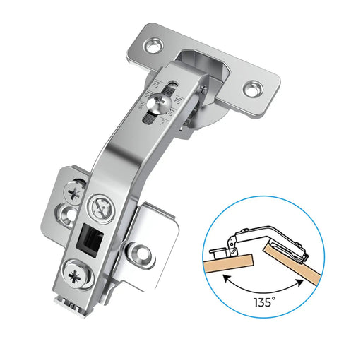 Image of Two Pack 135 Degree Corner Cabinet Hinge, Adjustable 3D Concealed Overlay Hinge With Clip-On Plate, shown with 135-degree diagram.