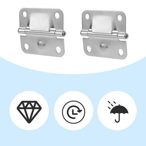 Front view of two stainless steel hinges from the Stainless Steel Cooler Hinge Replacement Kit With Screwdriver And 16 Screws For Ice Chest Freezer Replacement Fits 5235 5250 5286B 6262 6270 Most Models.