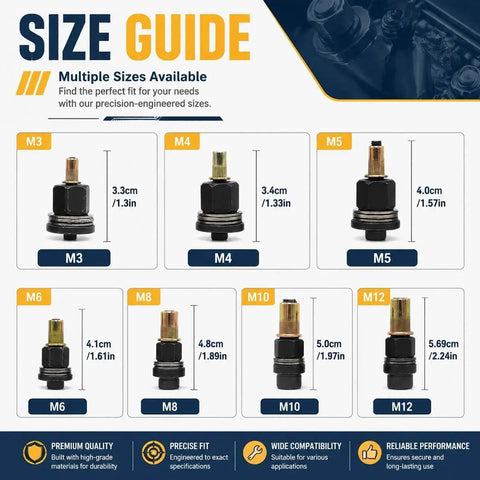 Heavy Duty Carbon Steel Rivet Nut Tool Set M3 To M12 Kit With Mandrel For Easy Threaded Inserts In Auto Repair Sheet Metal DIY Projects And Metal Fastening No Welding Needed Pro Grade Performance size guide showing M3-M12 mandrels
