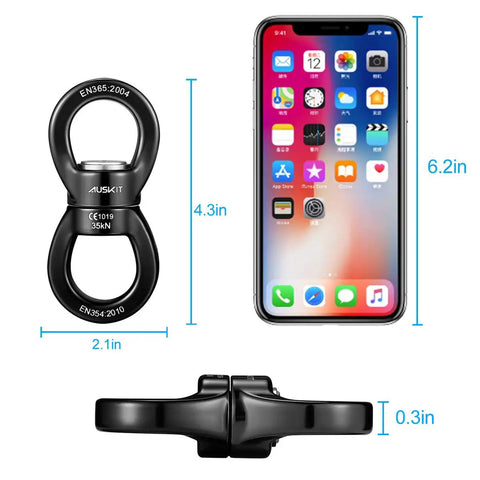Beefy Black Swing Swivel With 360 Degree Rotation, Industrial Grade Hanging Accessory next to smartphone, size comparison shown.