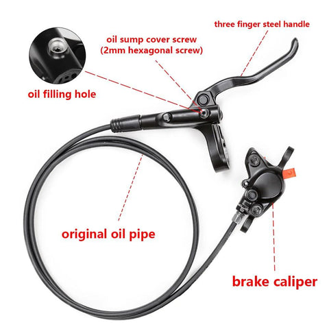 Cyclon MT200 MTB hydraulic disc brake set with lever and caliper; left-front 800mm hose and right-rear 1500mm hose.