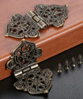Snag The Goods On These Rad Antique Lace Hinges 10 Piece Set Zinc Alloy With Mounting Screws Gray 53 X 28 Mm showcasing decorative hinge on wood.