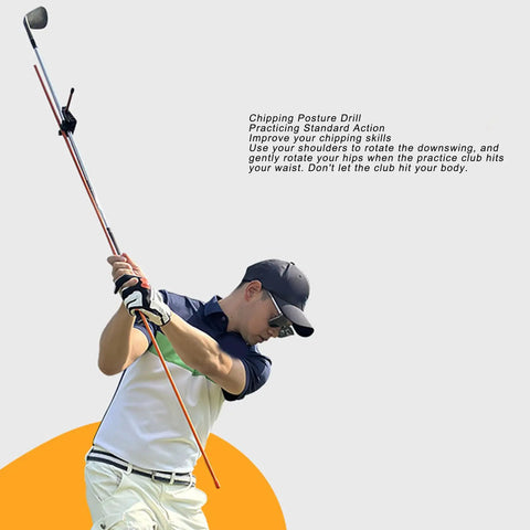 Golfer practicing swing with Putting Training Aid for Consistent Swing and Short Game Practice Pro Level Patented Golf Swing Trainer.