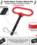 Close-up of solid steel trailer hitch pin with red handle, 8 Pack Three Eighths By Four Inch Locking Trailer Hitch Pins With Clips And Handles, Heavy Duty Clevis Pins For Mowers, Trailers, Farm Equipment, Towing Cargo, Boats, Cars, Trucks, Bikes Red.