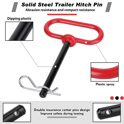 Close-up of solid steel trailer hitch pin with red handle, 8 Pack Three Eighths By Four Inch Locking Trailer Hitch Pins With Clips And Handles, Heavy Duty Clevis Pins For Mowers, Trailers, Farm Equipment, Towing Cargo, Boats, Cars, Trucks, Bikes Red.