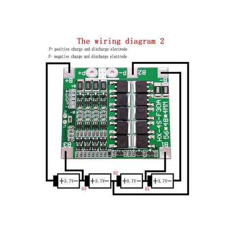 Wiring diagram of Heavy Hitter 2 Pack 14.8V 4S 30A Bms Protection Board For 18650 Li Ion Batteries with labeled connections.