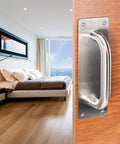 Two Pack Beefy Stainless Steel Door Pull Handles 8 Inch Heavy Duty Plate Door Pulls for Barn Shed Cupboard Toilet Cabinet Garage with Mounting Screws Rectangle 200mm by 65mm on a wooden door in a modern bedroom
