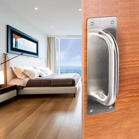 Two Pack Beefy Stainless Steel Door Pull Handles 8 Inch Heavy Duty Plate Door Pulls for Barn Shed Cupboard Toilet Cabinet Garage with Mounting Screws Rectangle 200mm by 65mm on a wooden door in a modern bedroom