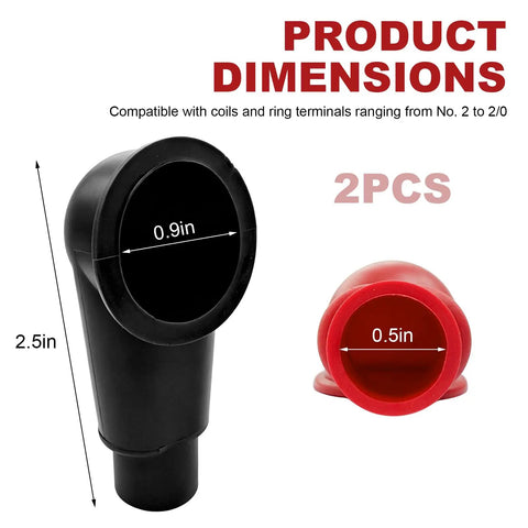 Beefy Side Post Battery Terminal Covers 2 Pack In Red Plus Black Heavy Duty Pvc Shield No Sweat Corrosion Blocking For Autos Hassle Free Lead Post Protectors Shop Ready Gear, showing dimensions 2.5in and 0.9in.