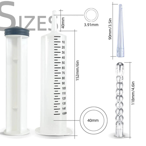 150ML Enema Syringe Cleaning Kit With 23.6 Inch Hose Travel Douche System For Colon Cleansing Includes Two Nozzles Safe ABS Plastic And Silicone Easy To Use At Home Or On The Go Ideal For Women And Men, with size markings and nozzles