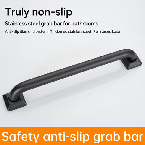 Rock Solid Stainless Steel Grab Bar Bearing Five Hundred Pounds To Keep You Stable Inside The Bath Non Slip Safety Handle Matte Black Twelve Inch Model side view showing grip and mounting base.