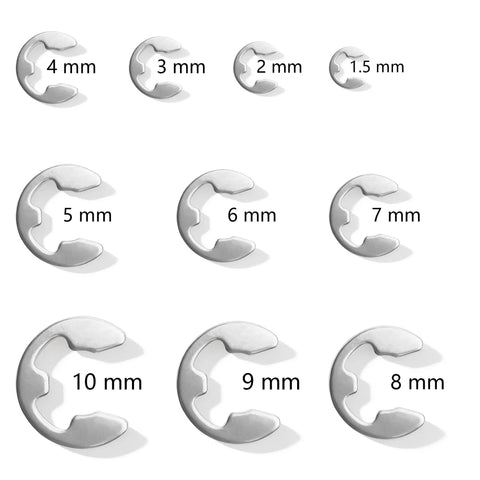 Stainless Steel 304 E-Type Circlip Set DIN 6799-10 Assorted Sizes 1.5 To 10mm 120 Pieces displayed with labeled diameters