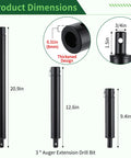 Three Piece Earth Auger Extension Drill Bit Set With 3/4 Inch Shaft Thickened Design For Post Hole Digger Includes 9.4 Inch 12.6 Inch And 20.9 Inch Extensions For Quick Yard Work And Garden Hole Drilling, showing detailed dimensions.