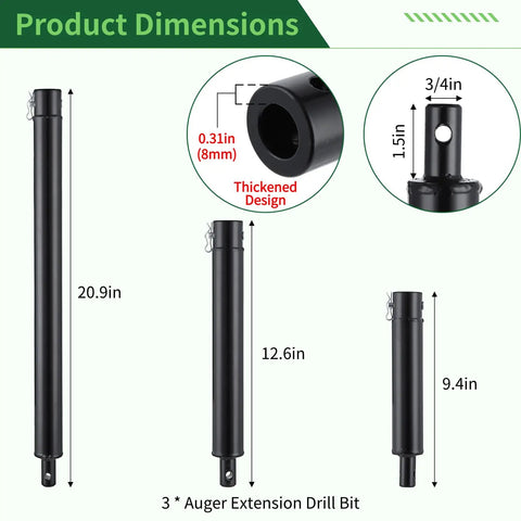 Three Piece Earth Auger Extension Drill Bit Set With 3/4 Inch Shaft Thickened Design For Post Hole Digger Includes 9.4 Inch 12.6 Inch And 20.9 Inch Extensions For Quick Yard Work And Garden Hole Drilling, showing detailed dimensions.