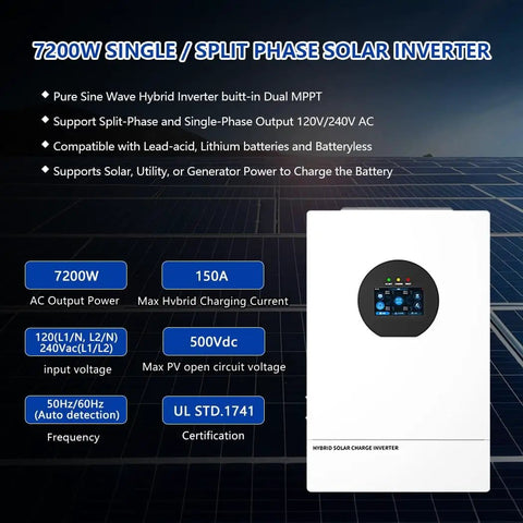 7200W Solar Hybrid Inverter for Off Grid Homes RVs and Cabins, 48V DC to 120V and 240V Split Phase Pure Sine Wave, 150A MPPT Controller, UL1741