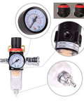 1/4 BSP Air Regulator with moisture filter, oil water separator and lubricator for air compressors, gauge and components detail