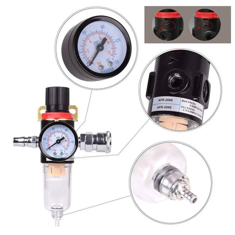1/4 BSP Air Regulator with moisture filter, oil water separator and lubricator for air compressors, gauge and components detail