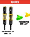One Quarter Inch Shelf Pin Jig For Cabinets And Shelves Adjustable 5mm 0.2 Inch Hole Drill Guide With Standard 32mm Spacing showing two drill bits and index pins