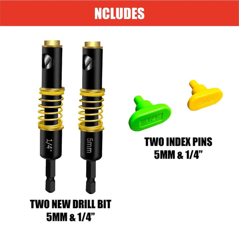 Cabinet Shelf Pin Jig With Quarter Inch Drill Guides For Straight Holes And Drilling Template accessories with drill bits and index pins.