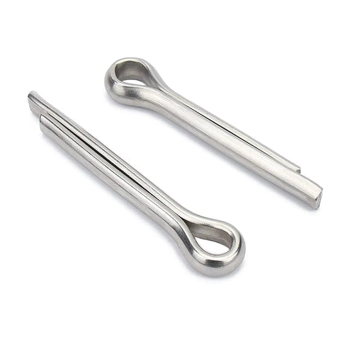 Close-up of two zinc plated cotter pins from 60 Pc Cotter Pin Hair Pin Kit With Zinc Plated R Clips For Hitch Pin Lock Systems In Automotive Marine Tractors Mowers Carts And Trucks Includes 12 Sizes And 2 Styles Durable Carbon Steel Fasteners.