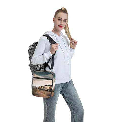 Woman holding Insulated Lunch Bag With Detachable Handle For Women And Men, Leakproof Cooler Tote, Desert Train Vibe design