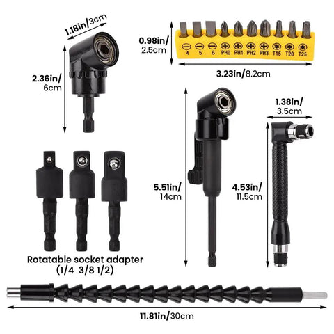 Tough As Nails 17 Piece Flexible Drill Bit Extension Kit With Pro Grade 360 Rotating Socket Adapter And Quarter Inch Hex Shank with various adapters and bits.