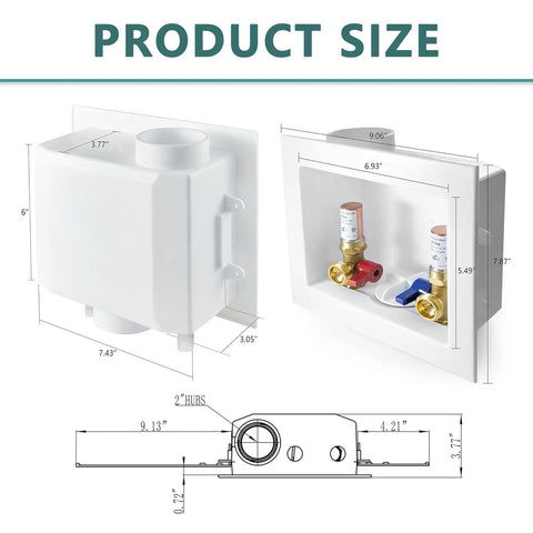 Diagram of Washing Machine Outlet Box With Center Drain Or Side Drain CPVC Inlet One Half Inch Three Quarter Inch MHT Outlet
