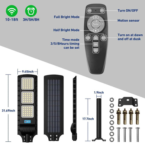 Powerful Solar Street Light For Outdoors With 900 LEDs, 45000 Lumen Flood Lights, parts and remote control diagram.