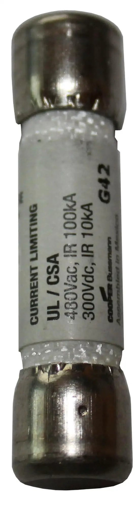 Close-up of 30 Amp Class G Time Delay Fuse for 480V systems, cylindrical, labeled with voltage and specifications, 1.62 by 0.41 inch