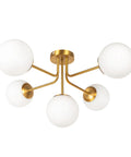 Brushed Gold Five-Globe Semi-Flush Mount Light With Dope Mid-Century Vibe, Low Ceiling Friendly, 27.5 Inch Wide Opal Frosted Globes