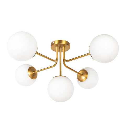Brushed Gold Five-Globe Semi-Flush Mount Light With Dope Mid-Century Vibe, Low Ceiling Friendly, 27.5 Inch Wide Opal Frosted Globes