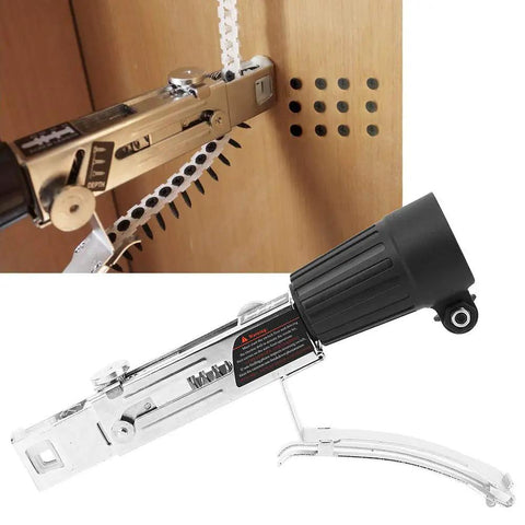 Automatic Chain Nailer With Fifty Chain Nails Adjustable Depth Setting Power Drill Attachment For Framing And Deck Building No Sweat Setup for rapid drilling into wood.