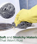 Stainless Steel Scrubbers Set 2 Count, Rust Resistant Heavy Duty Scrubbers cleaning stove with yellow glove.