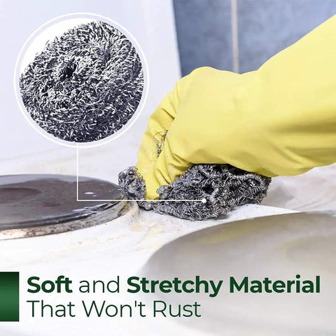 Stainless Steel Scrubbers Set 2 Count, Rust Resistant Heavy Duty Scrubbers cleaning stove with yellow glove.
