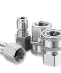 Four stainless steel 3/8 in NPT quick-connect adapters (male and female) with knurled collars.